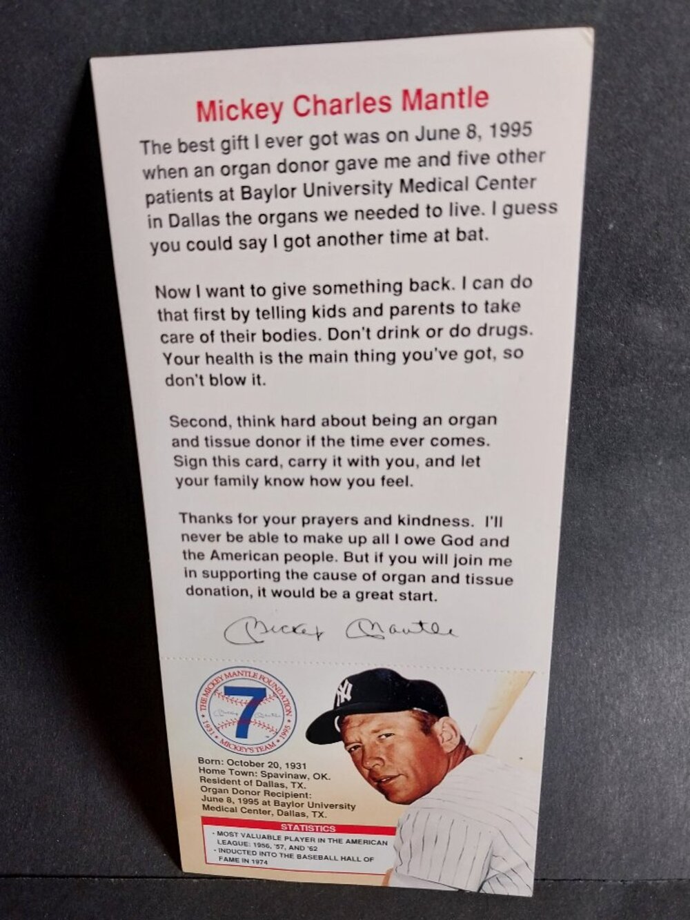 1996 Organ Donor Card Mickey Mantle HOF New York Yankees